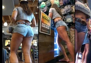Denim shorts babe stalked by a real voyeur dude